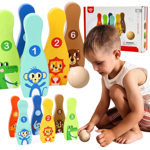 TOOKY TOY Drewniane Kręgle dla Dzieci  7 el + Piłka Certyfikat FSC