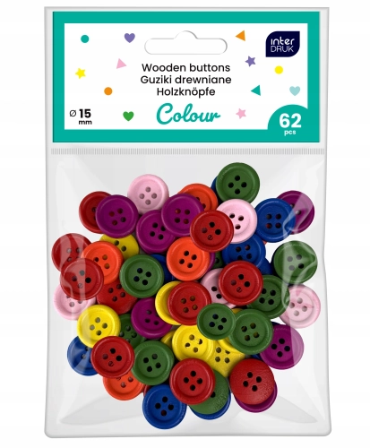 INTERDRUK DREWNIANE GUZIKI do prac plastycznych 62 szt 15mm KOLOROWE