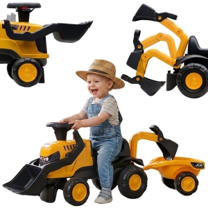 FALK Jeździk Traktor JCB z Przyczepą Grabkami i Łopatką Ciche Koła 1-3 lat